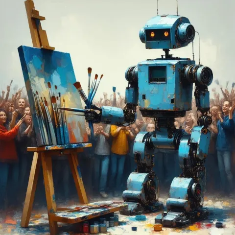 Tired Painting Robot Facing an Impatient Crowd