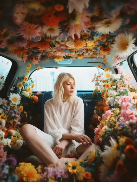 Girl Car White Hair Flowers