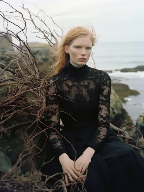 Woman Rock Ocean Lace