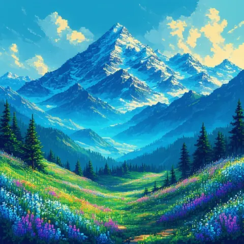 Misty Pixel Mountain Vista in Serene Blues
