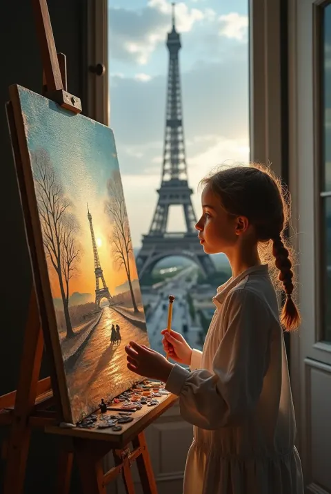 Girl Painting Studio Eiffel