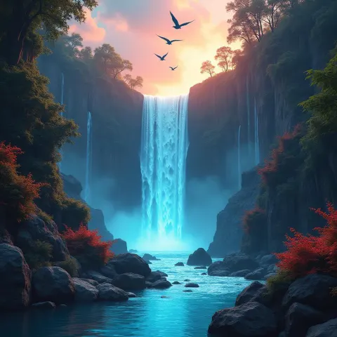 Glowing Waterfall Amid Cybernetic Neon Greenery