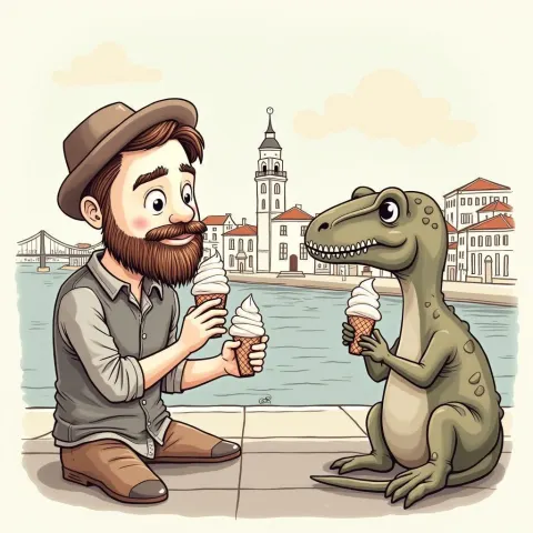Bearded Man and Dinosaur Sharing Ice Cream