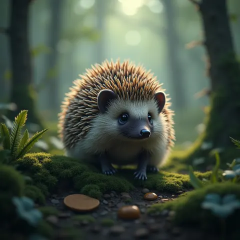 Hedgehog Glowing in a Mystical Symmetrical Forest