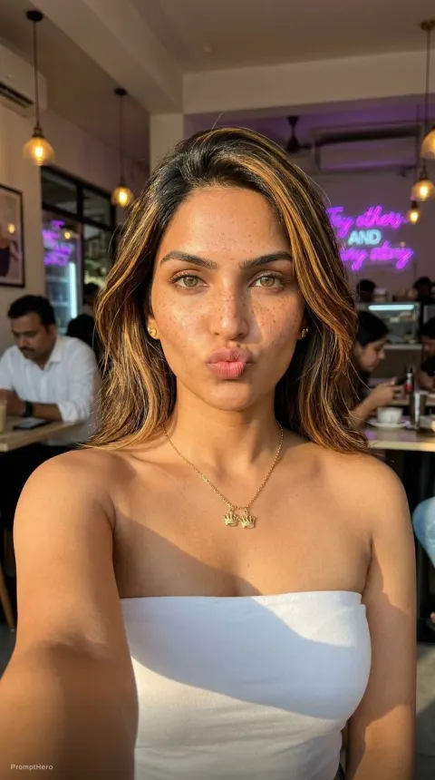 Freckled Woman Golden Hour Cafe Selfie