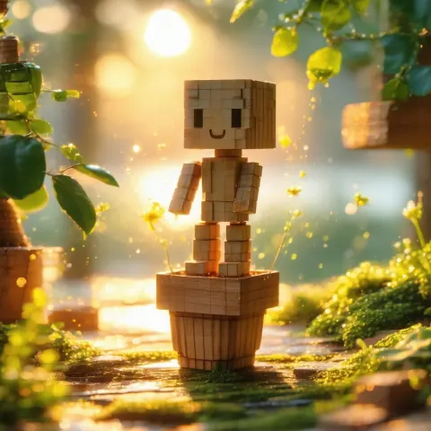 Joyful Pixel Figurine Perched on a Pot