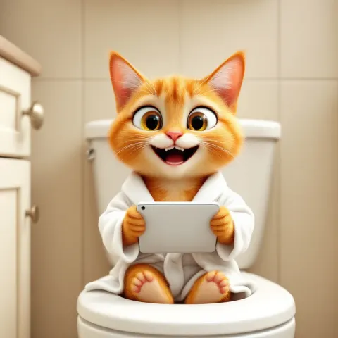 Ginger Cat On Toilet With Tablet
