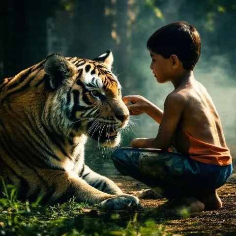 Boy Playing With a Tiger in Cinematic Light
