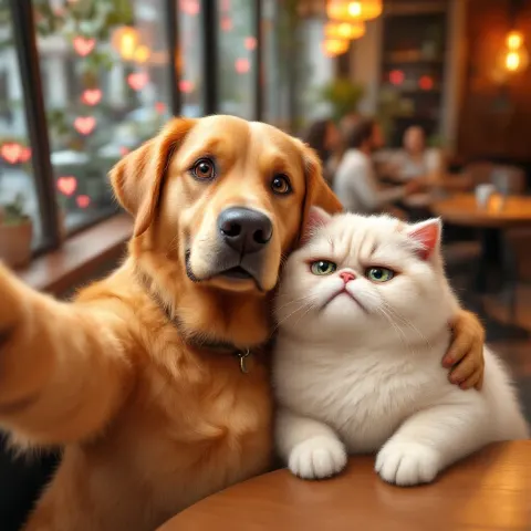 Dog And Cat Selfie Coffee Shop