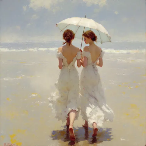 Women Walking Beach Impressionism