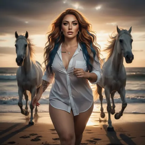 Woman Running Horses Sunset Shore