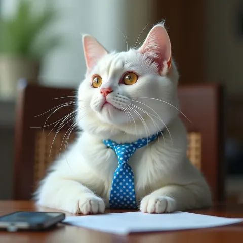 White Cat in Blue Tie Leading a Meeting