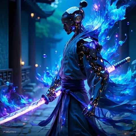 Cyberpunk Neon Japanese Monk Warrior
