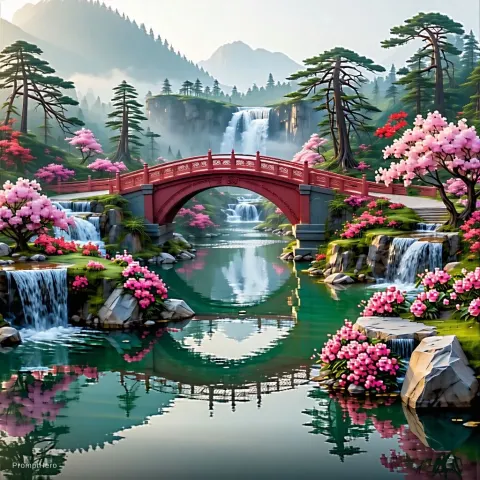 Japanese Flower Garden Bridges Panorama