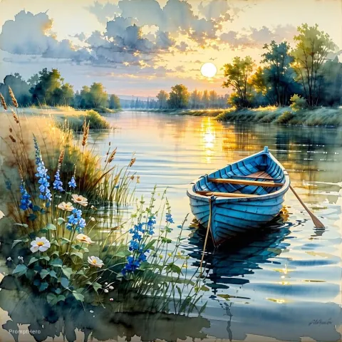 Autumn River Boat Sunset Painting