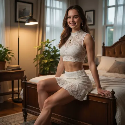 Young Woman Bed Lace Dress