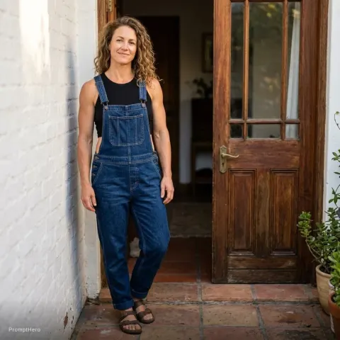 Woman Denim Overalls White Wall