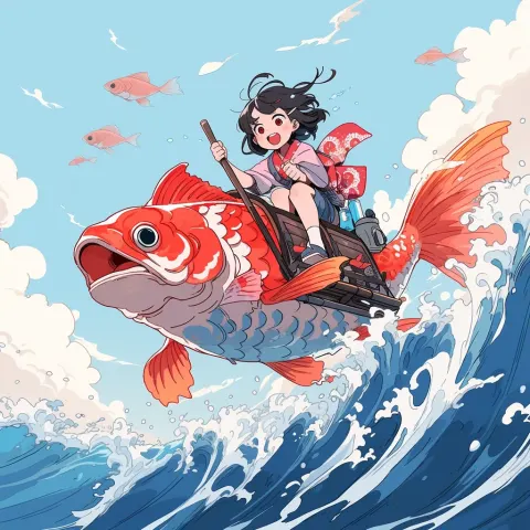 Girl Koi Fish Cartoon Ocean