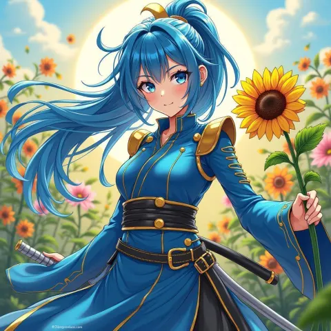 Flowerpunk Cyborg Ninja in Blue and Gold