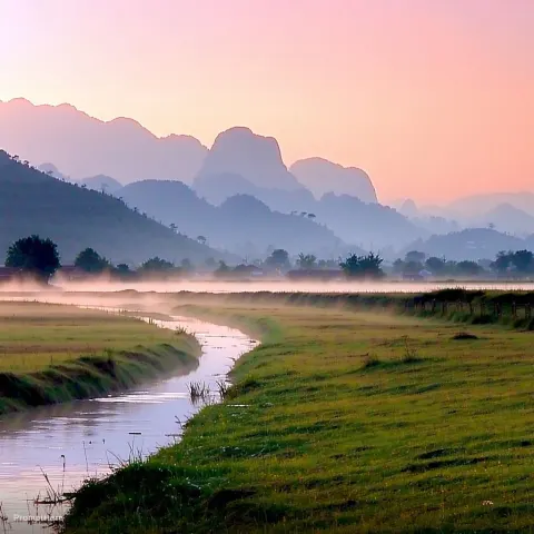 Mountain Stream Summer Mist Scenic