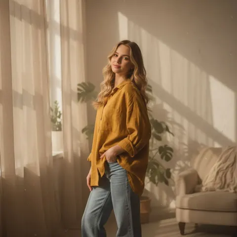 Blond Girl Yellow Shirt Pose
