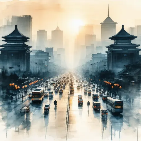 Downtown Beijing Sunrise in Ink Wash
