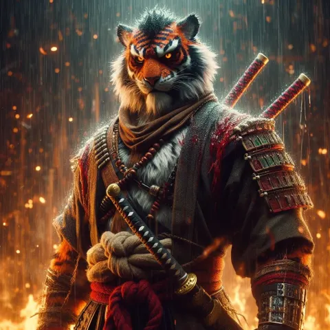 Furry Samurai Tiger Warrior Blood Flames
