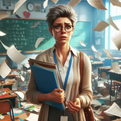 Exhausted Teacher Outside Chaotic Classroom