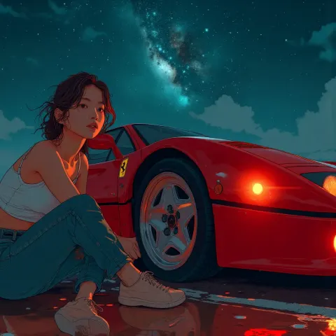 Woman Beside Ferrari F40 Starry Night