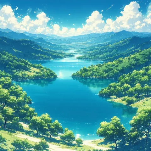 Tranquil Lake From Above in Anime Key Visual