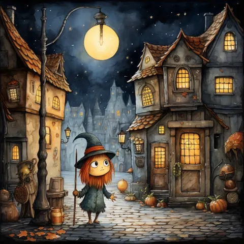 Red Haired Witch Walking Alley Moon