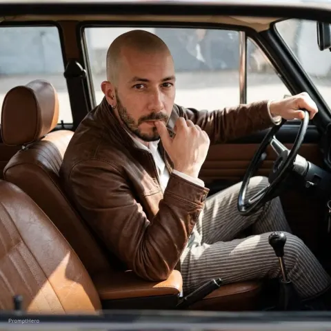 Stylish Bald Man Leather Jacket Car