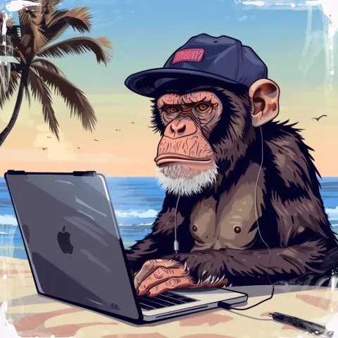 Monkey Laptop Beach Coding Illustration