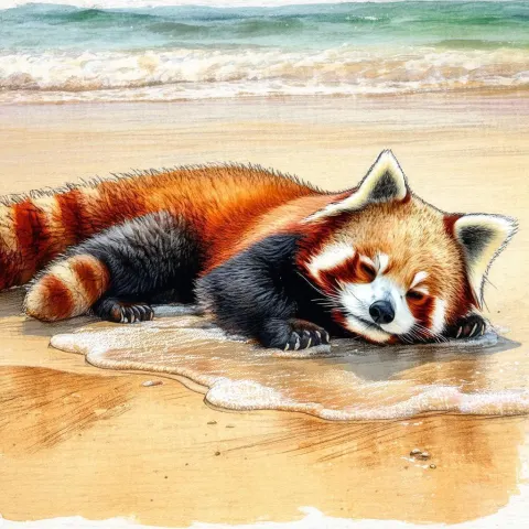 Anthro Red Panda Sunbathing on the Beach