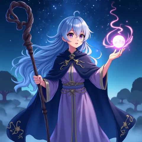 Young Wizard Girl Blue Hair Staff
