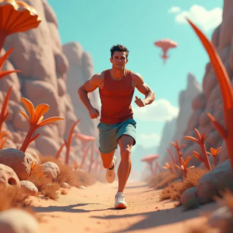 Athletic Sprinter Fleeing Aliens Through Surreal Flora