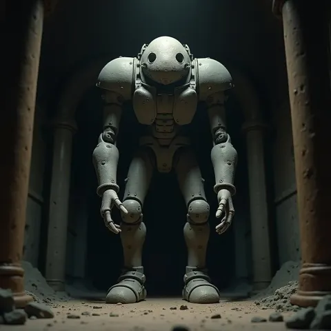 Ominous Steel Giant Floating in Claymation Darkness
