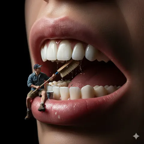 Tiny Man Cleaning Giant Teeth