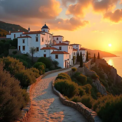 Mediterranean Hilltop Village at Golden Sunset