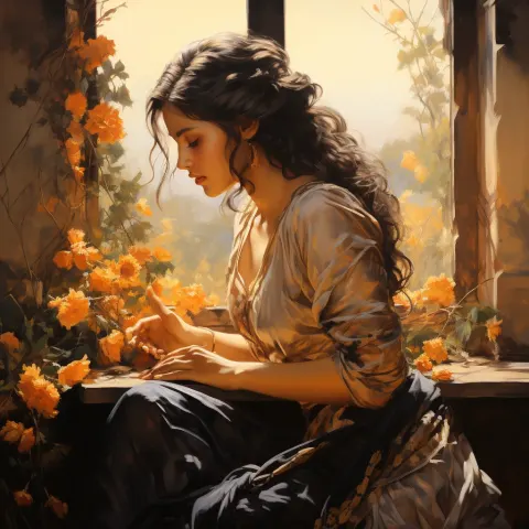 Indian Woman Garden Marigolds
