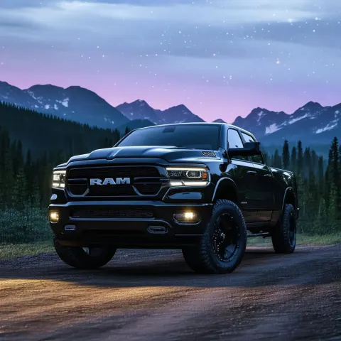 Black Ram 1500 Beneath a Starry Forest Sky
