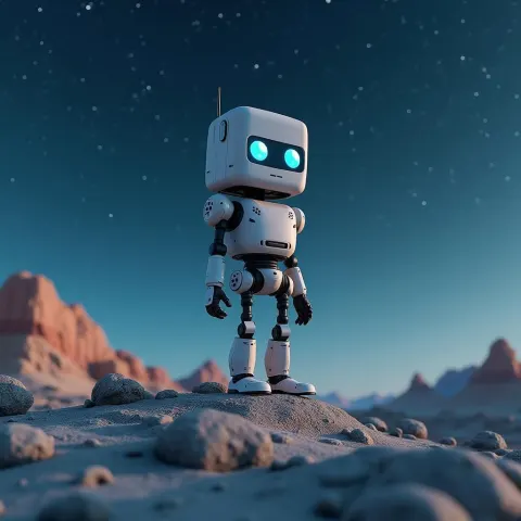 Rectangular Robot With Blue Eyes on Rocky Hill
