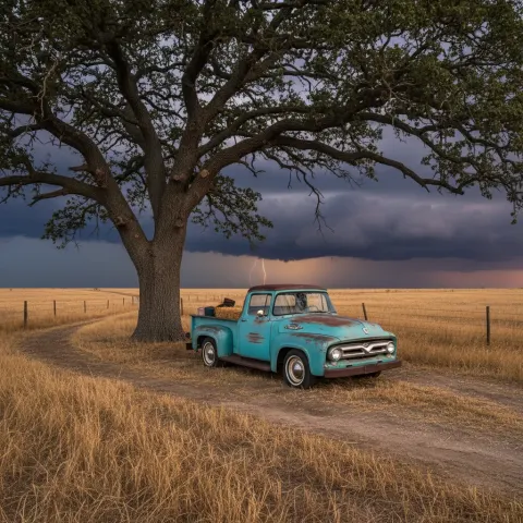 Vintage Truck Storm Clouds Field