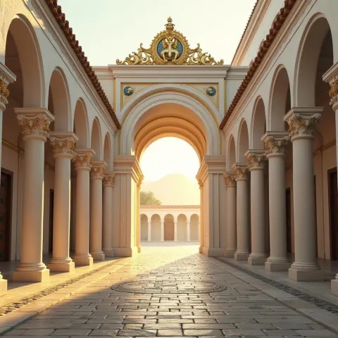 Celestial White and Gold Arch in Cobblestone Courtyard