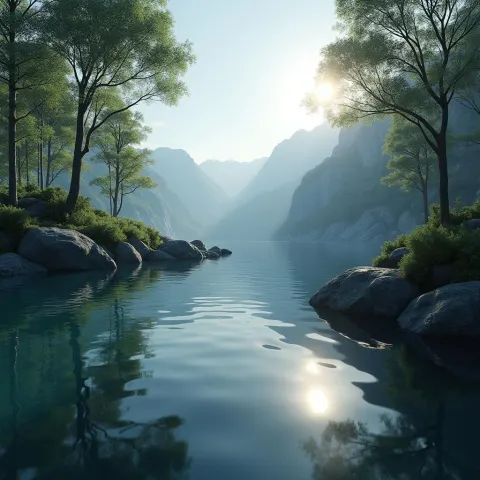 Serene Lakeside Rendered in Chiaroscuro 3D
