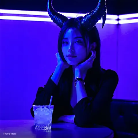 Woman Horns Blue Neon Fantasy