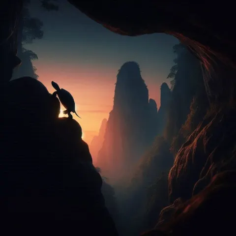 Determined Turtle Climbing Rock Face at Twilight