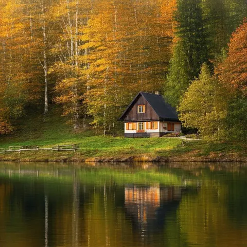 Autumn Cottage Beside a Serene 3D Lake