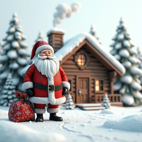 Volumetric Santa Beside a Rustic Log Cabin