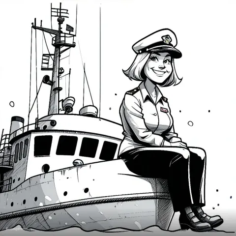 Cheerful Woman Captain Icebreaker Ship Cartoon